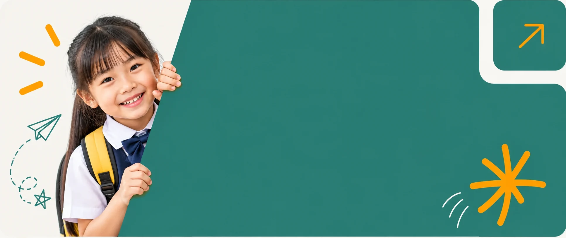 A smiling schoolgirl peeking around a teal panel, welcoming families to learn together