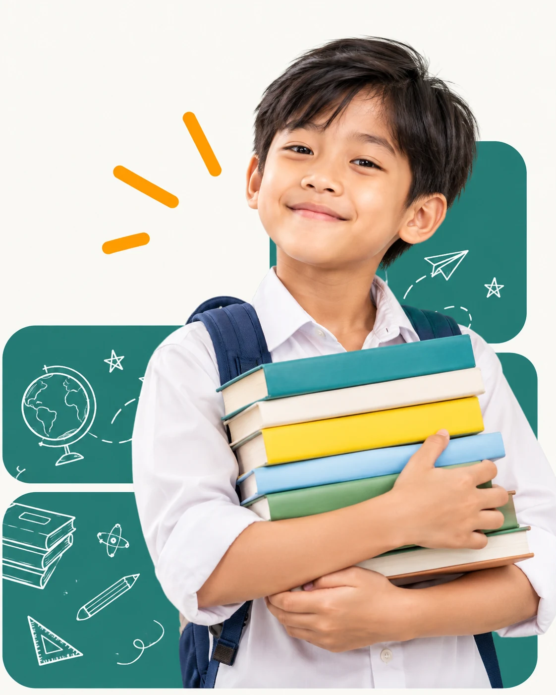 A curious young learner holding a stack of books beside playful classroom illustrations