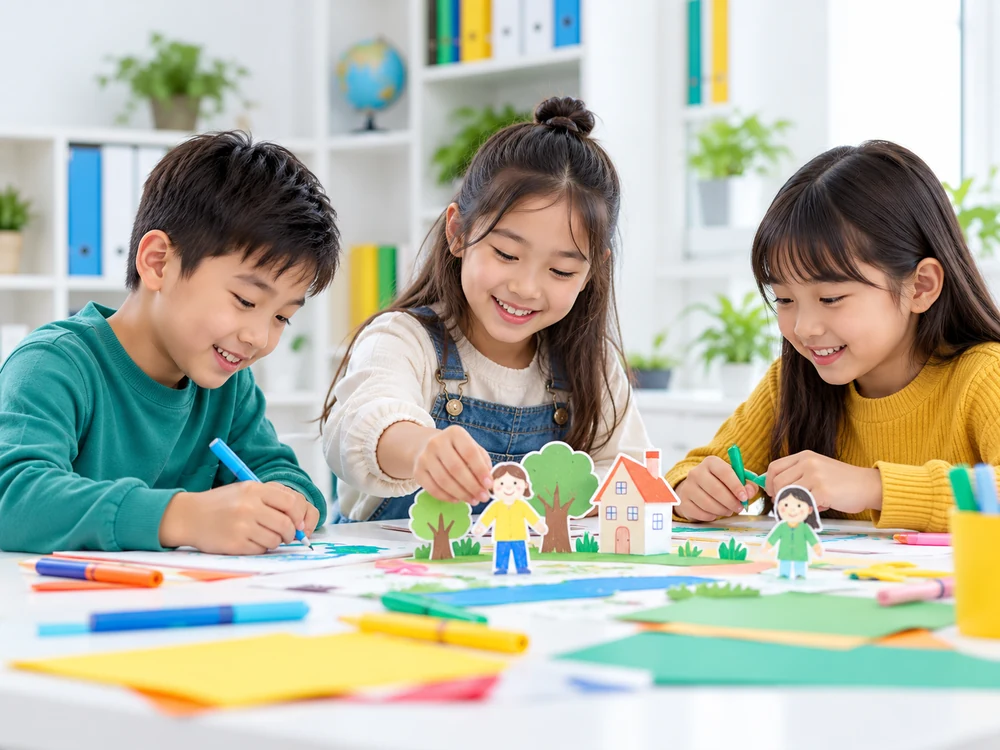 Young learners making a creative project together