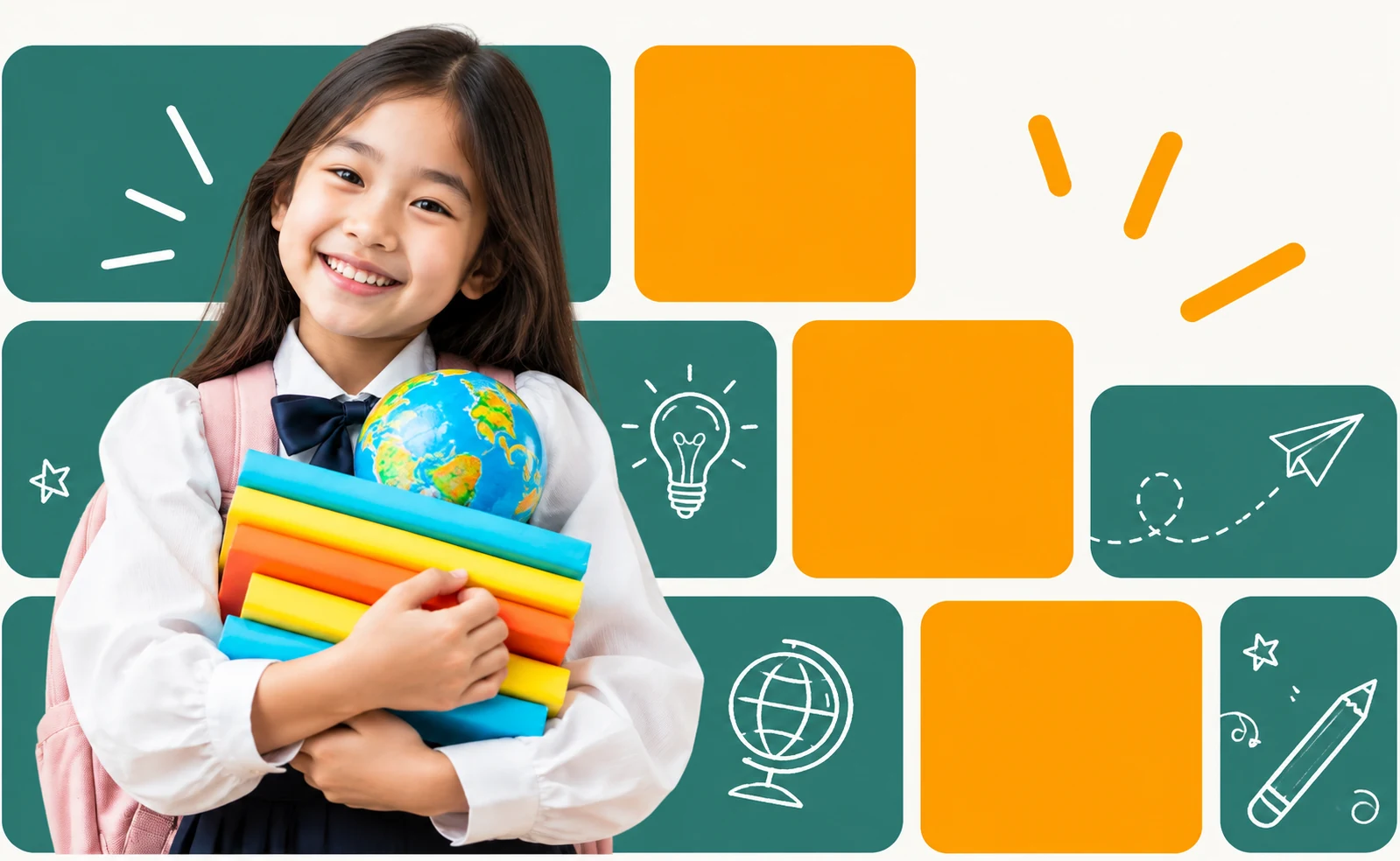 A smiling learner holding colourful books and a globe against a playful mosaic of teal and orange tiles